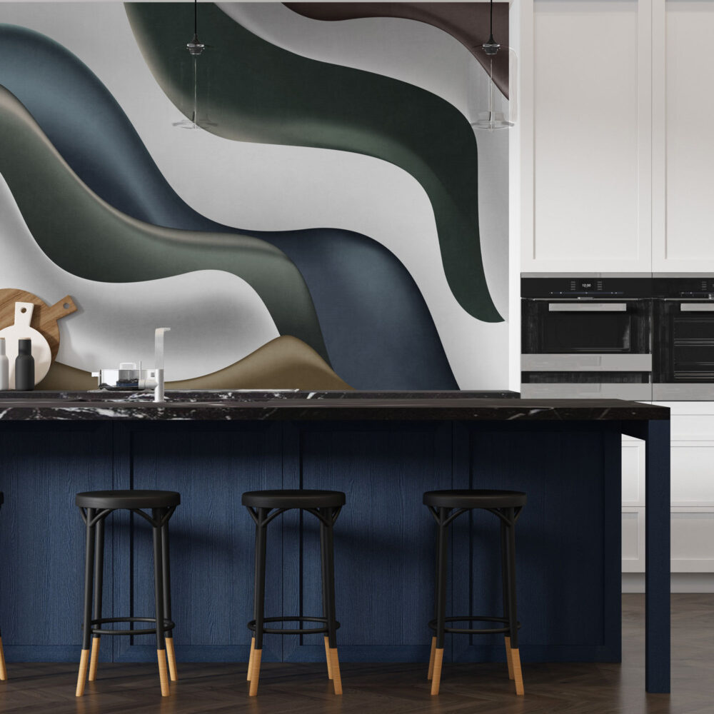 Colorful 3D Wave Wallpaper : Navy and Sage Curves Mural