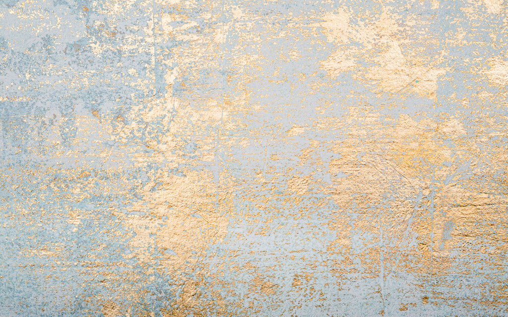 Blue and Gold Leaf Wallpaper : Distressed Gilded Texture Mural - flat design