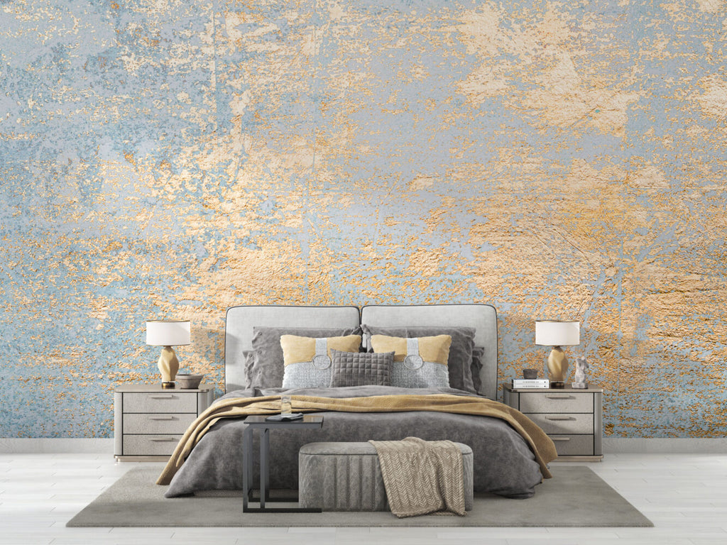 Blue and Gold Leaf Wallpaper : Distressed Gilded Texture Mural - View 3