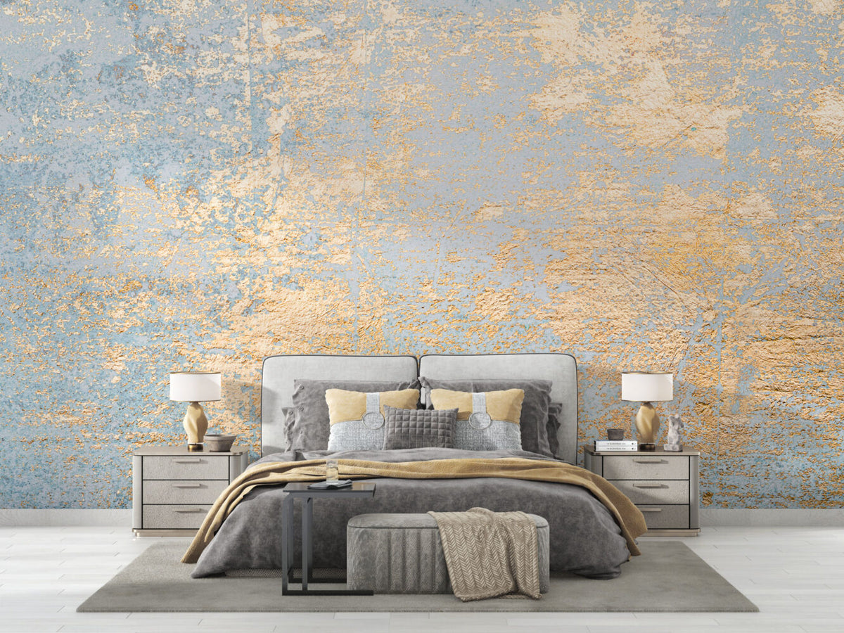 Blue and Gold Leaf Wallpaper : Distressed Gilded Texture Mural - View 3