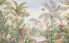 Tropical Garden Scenic Wallpaper : Palms and Urns Mural - flat design