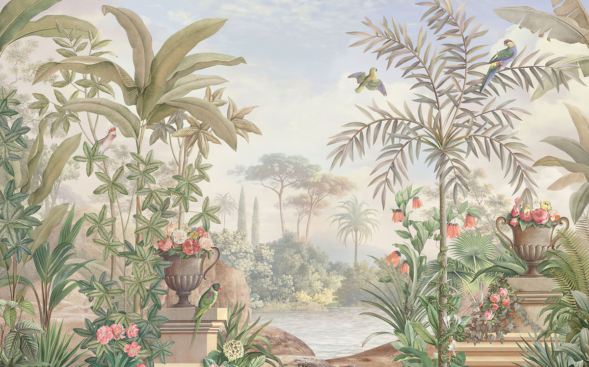 Tropical Garden Scenic Wallpaper : Palms and Urns Mural - flat design