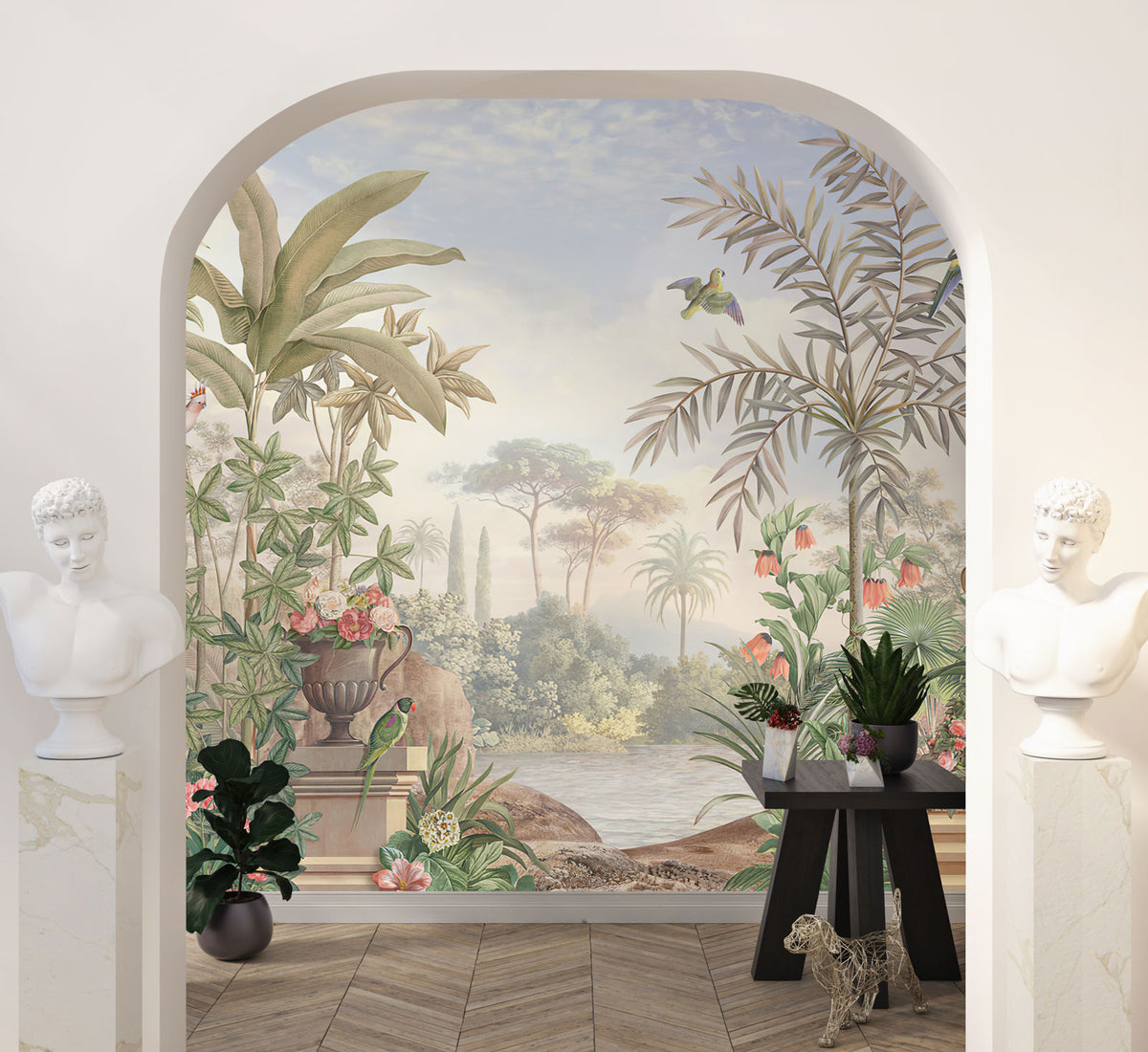 Tropical Garden Scenic Wallpaper : Palms and Urns Mural