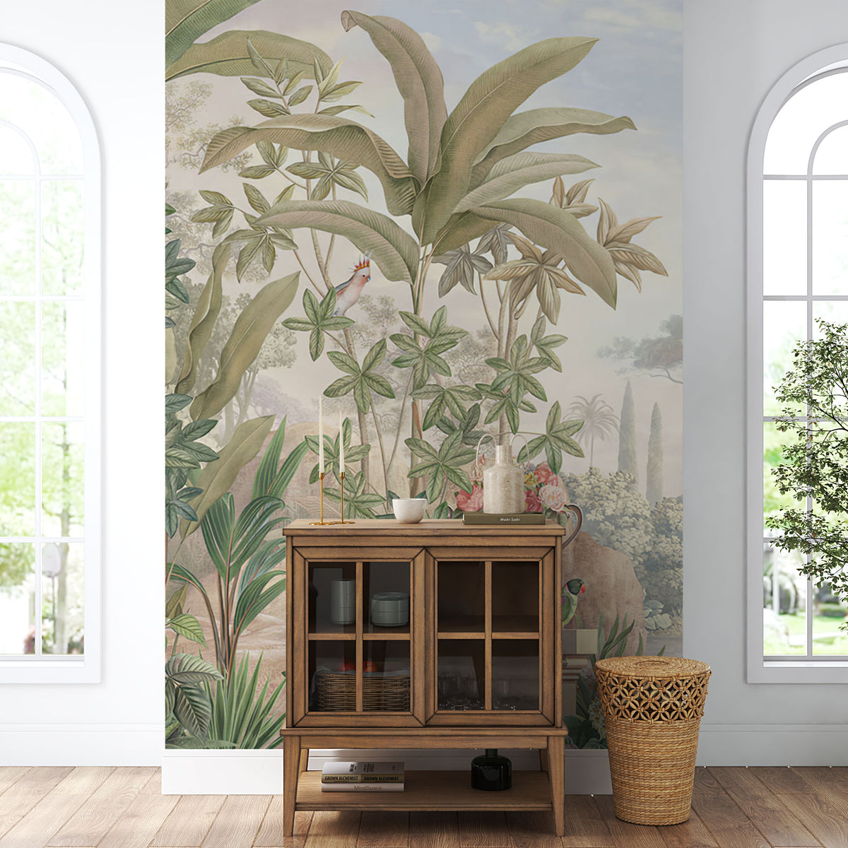 Tropical Garden Scenic Wallpaper : Palms and Urns Mural - View 3