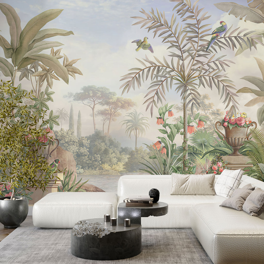 Tropical Garden Scenic Wallpaper : Palms and Urns Mural - View 2