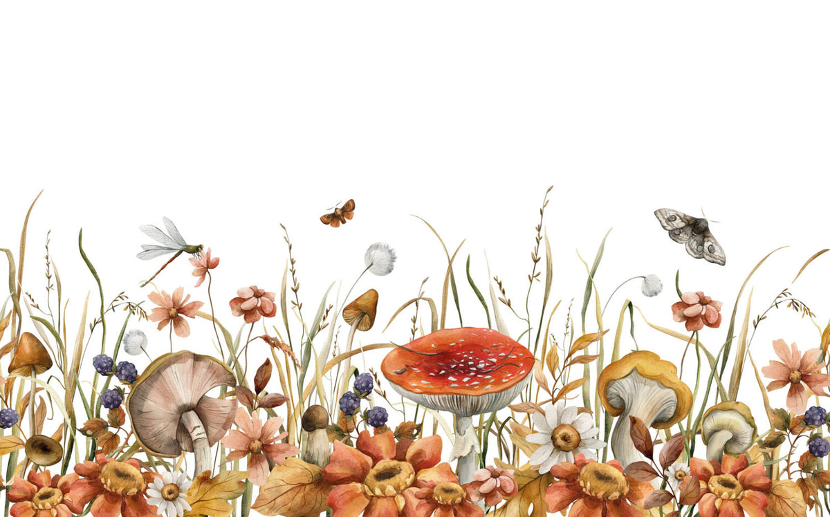 Mushroom Meadow Wallpaper : Wildflowers and Insects Border Mural - flat design