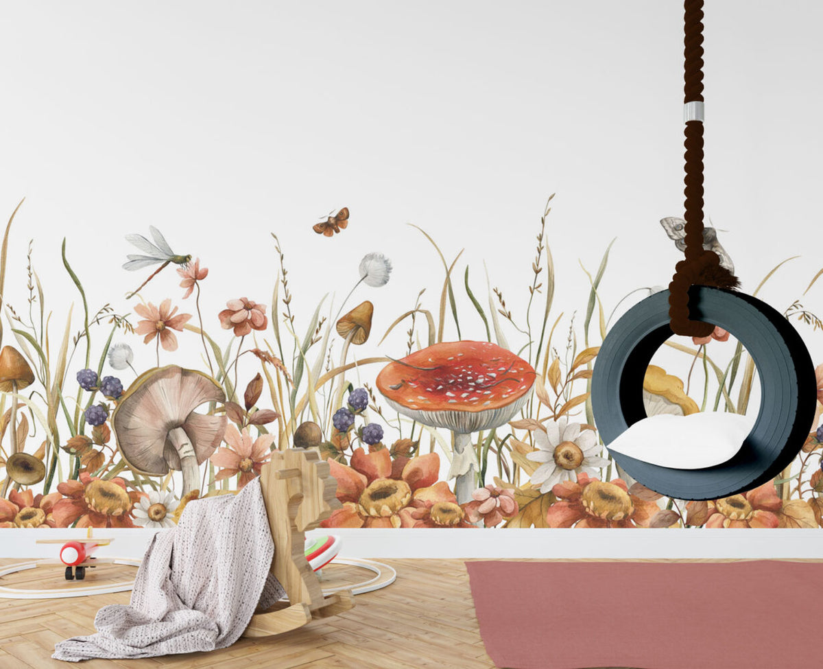 Mushroom Meadow Wallpaper : Wildflowers and Insects Border Mural - View 2