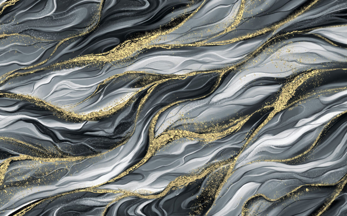 Black and Gold Wave Wallpaper : Abstract Marble Flow Mural - flat design
