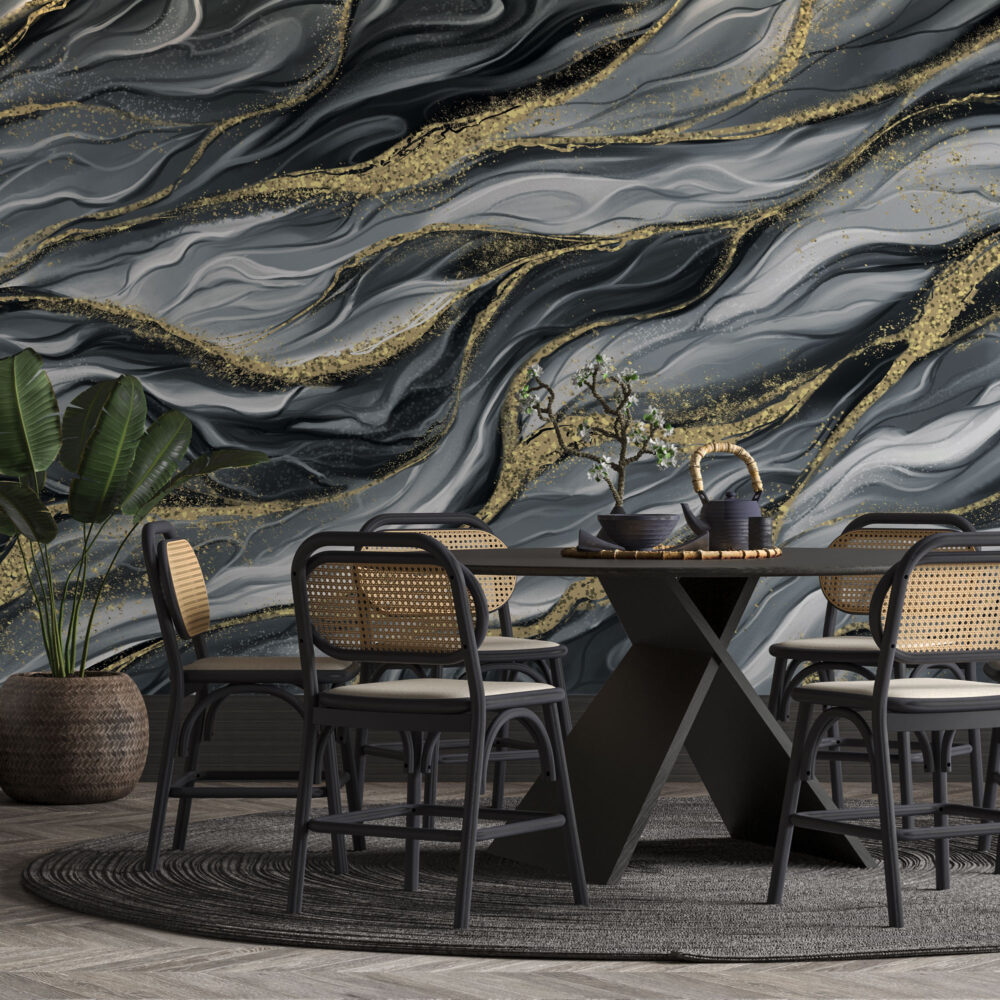Black and Gold Wave Wallpaper : Abstract Marble Flow Mural - View 2