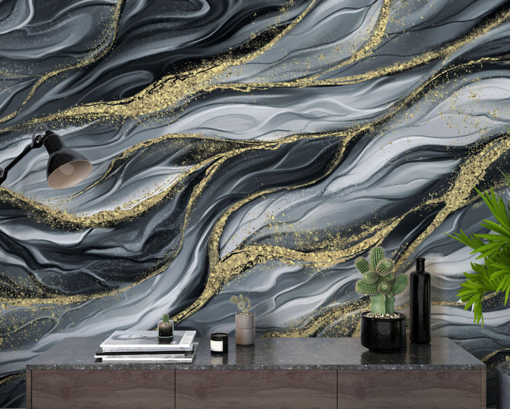 Black and Gold Wave Wallpaper : Abstract Marble Flow Mural - View 3