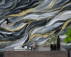 Black and Gold Wave Wallpaper : Abstract Marble Flow Mural - View 3