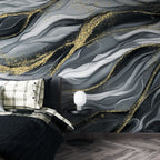 Black and Gold Wave Wallpaper : Abstract Marble Flow Mural