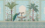 Indian Palace Peacock Wallpaper : Mint Arches and Palms Mural - flat design