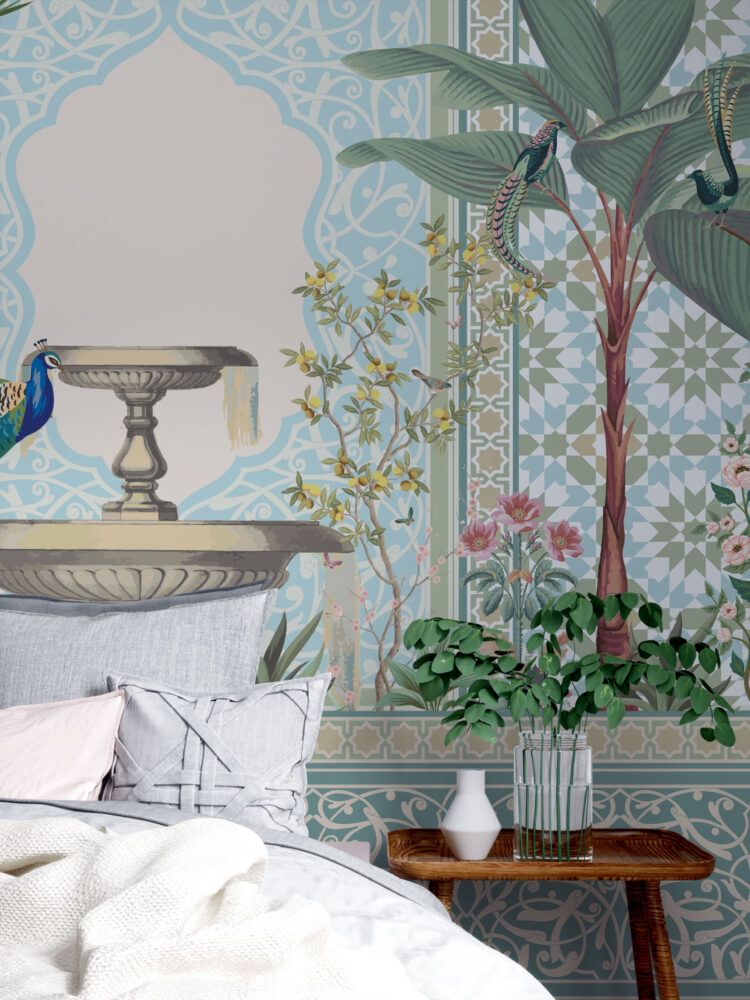 Indian Palace Peacock Wallpaper : Mint Arches and Palms Mural - View 3