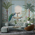Indian Palace Peacock Wallpaper : Mint Arches and Palms Mural