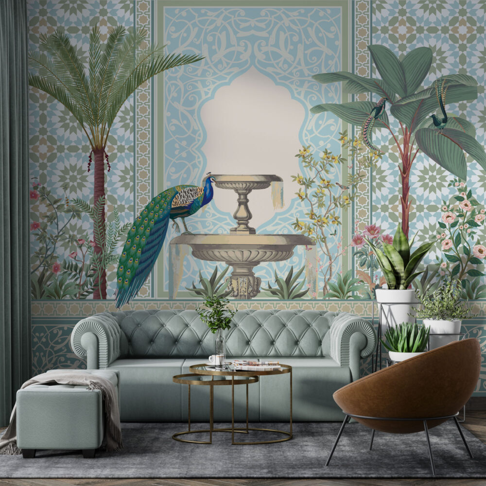 Indian Palace Peacock Wallpaper : Mint Arches and Palms Mural