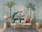 Indian Palace Peacock Wallpaper : Mint Arches and Palms Mural - View 4