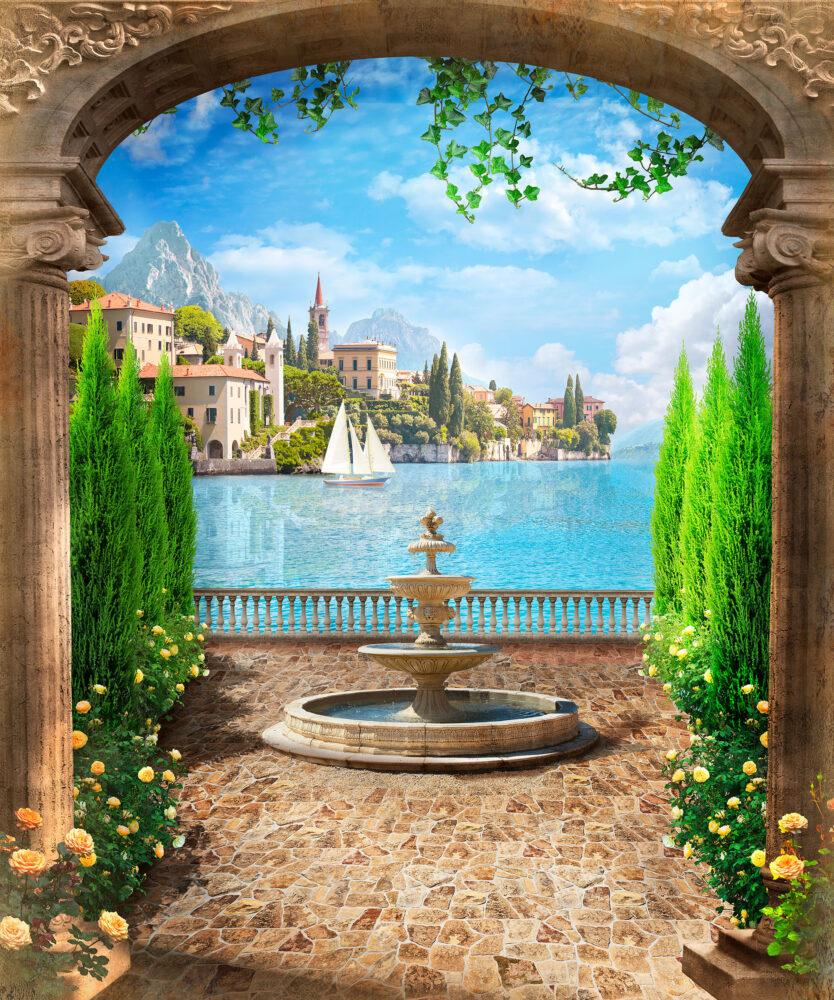 Mediterranean Arch Wallpaper : Garden Terrace and Lake View Mural - flat design