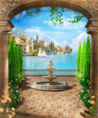 Mediterranean Arch Wallpaper : Garden Terrace and Lake View Mural - flat design