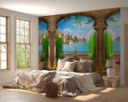 Mediterranean Arch Wallpaper : Garden Terrace and Lake View Mural - View 2