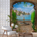 Mediterranean Arch Wallpaper : Garden Terrace and Lake View Mural - View 3