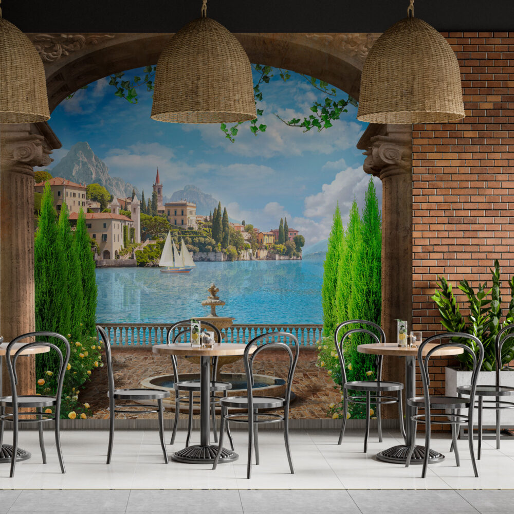 Mediterranean Arch Wallpaper : Garden Terrace and Lake View Mural - View 4