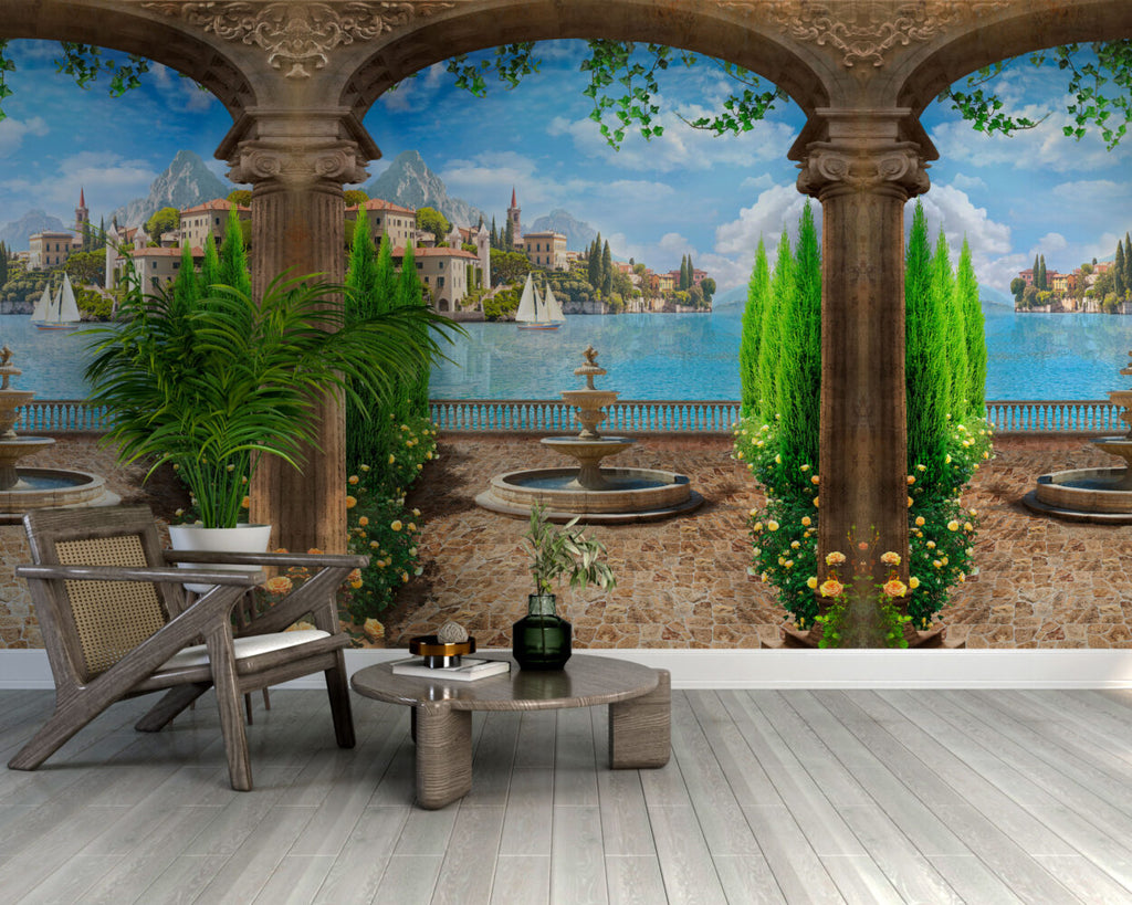 Mediterranean Arch Wallpaper : Garden Terrace and Lake View Mural
