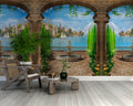 Mediterranean Arch Wallpaper : Garden Terrace and Lake View Mural