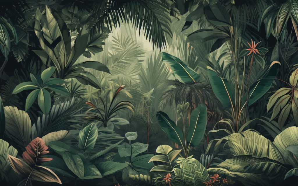 Dark Jungle Wallpaper : Lush Green Tropical Forest Mural - flat design