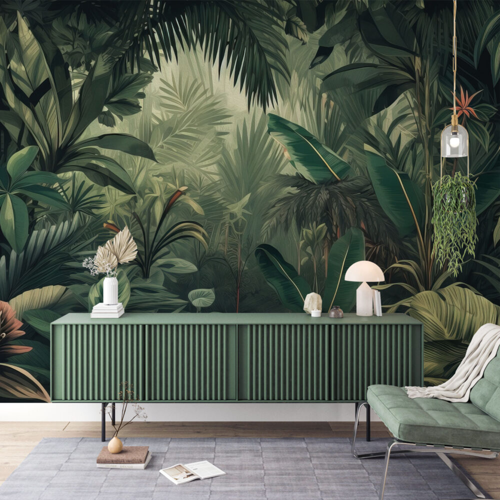 Dark Jungle Wallpaper : Lush Green Tropical Forest Mural - View 2