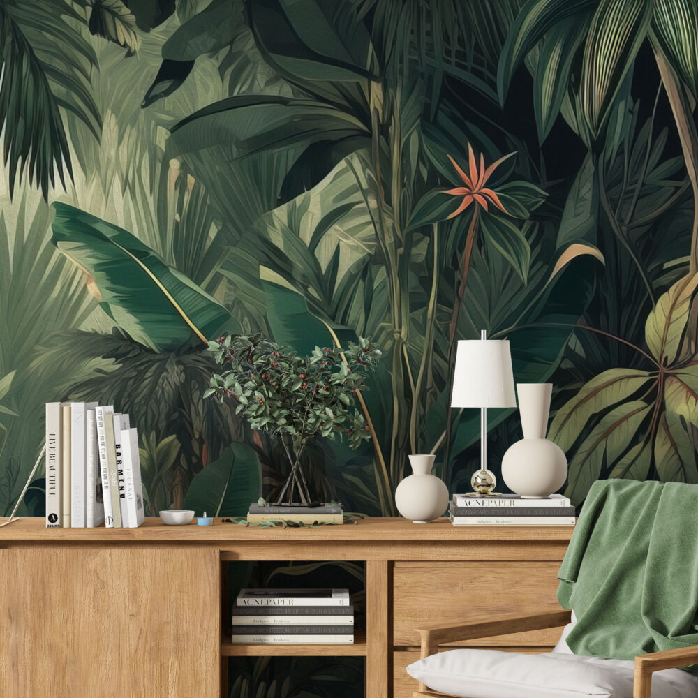 Dark Jungle Wallpaper : Lush Green Tropical Forest Mural - View 3