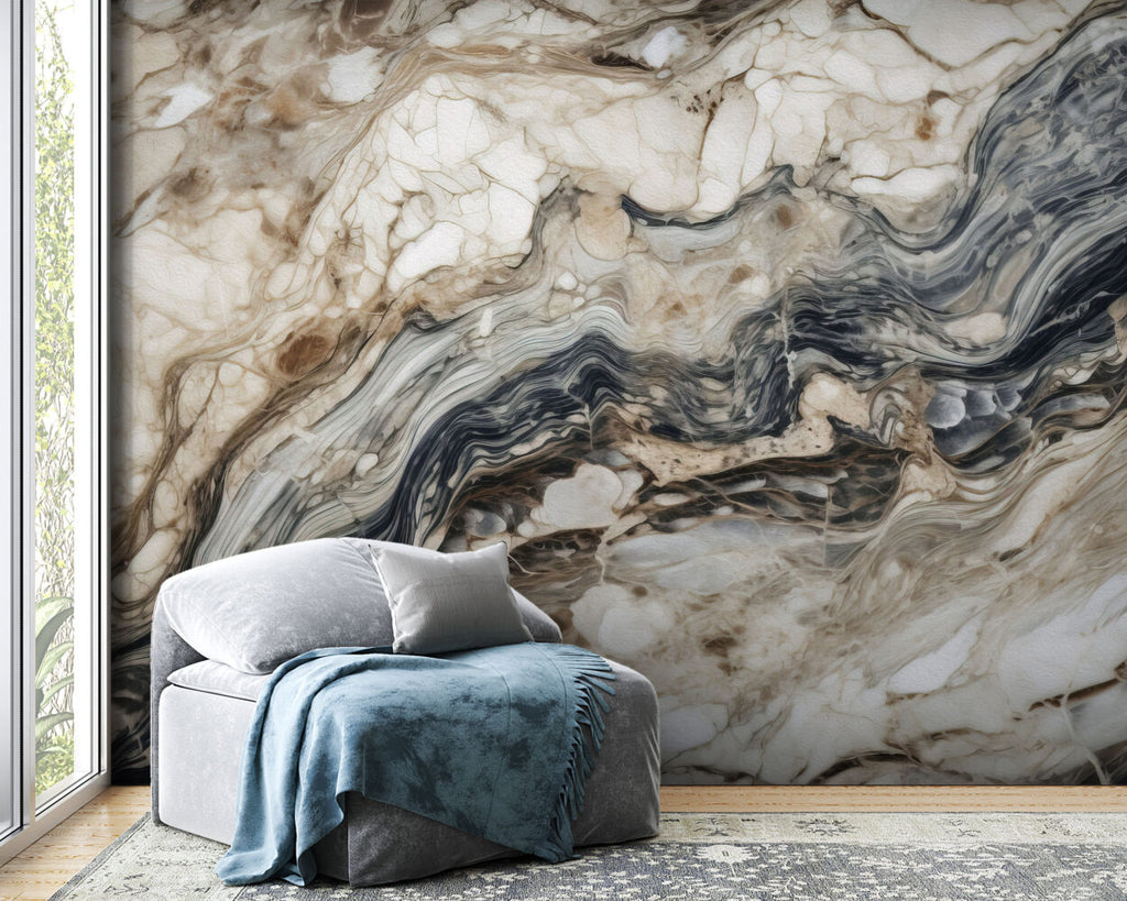 Brown Black Marble Wallpaper : Wavy Vein Stone Mural - View 3