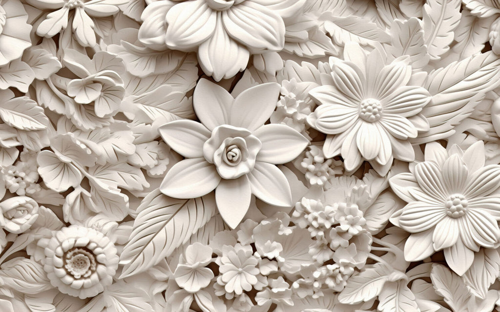 3D Floral Relief Wallpaper : White Carved Flowers Mural - flat design