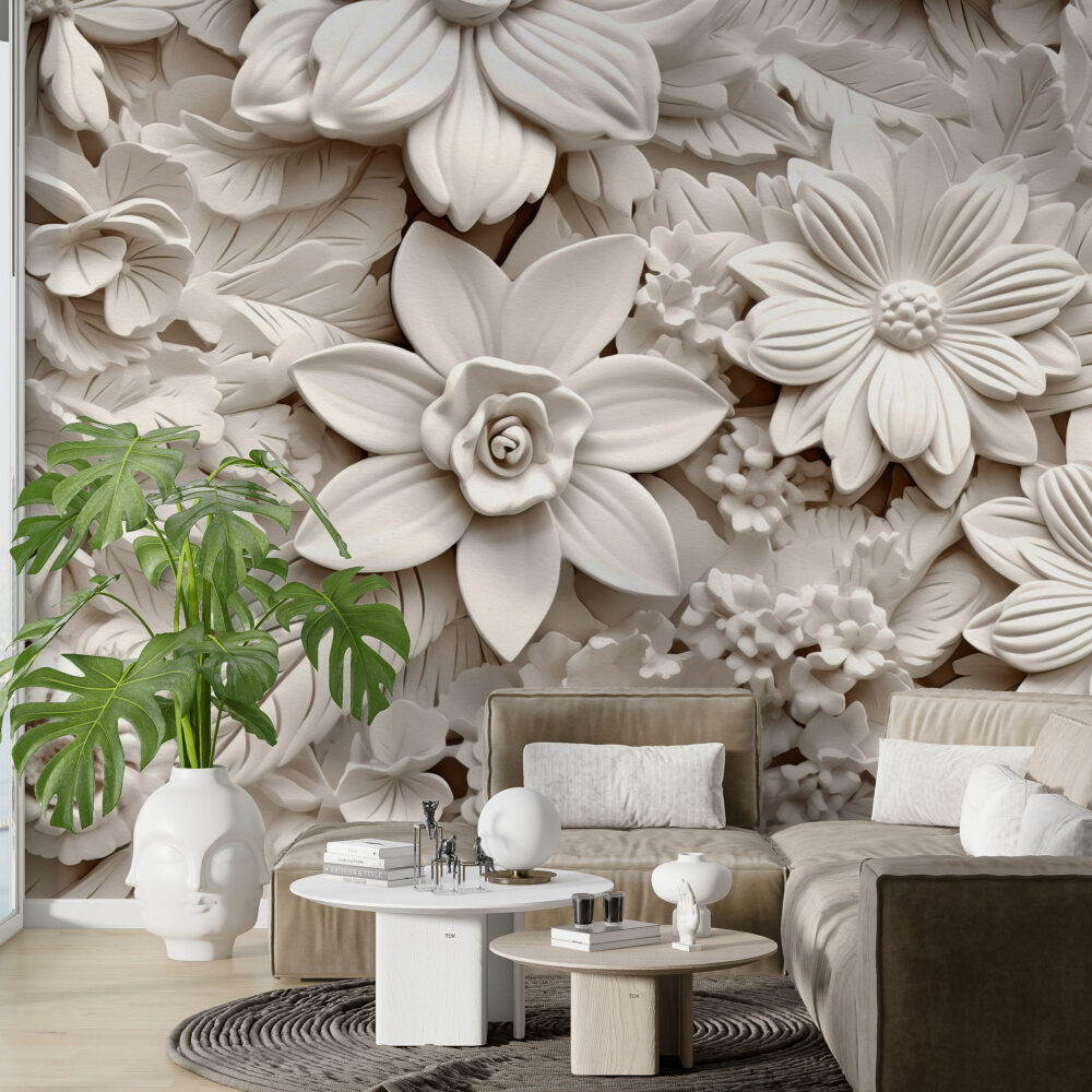 3D Floral Relief Wallpaper : White Carved Flowers Mural - View 2