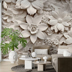 3D Floral Relief Wallpaper : White Carved Flowers Mural - View 2