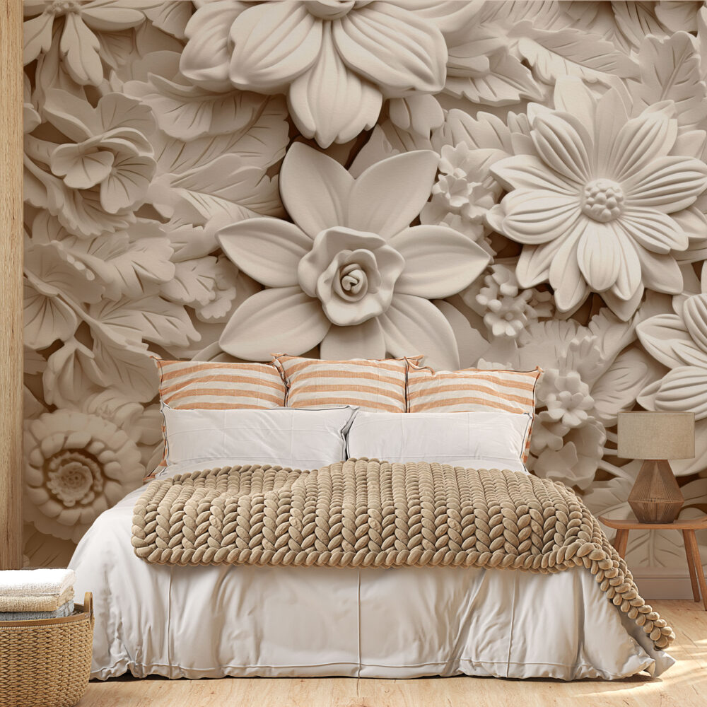 3D Floral Relief Wallpaper : White Carved Flowers Mural - View 3