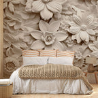 3D Floral Relief Wallpaper : White Carved Flowers Mural - View 3