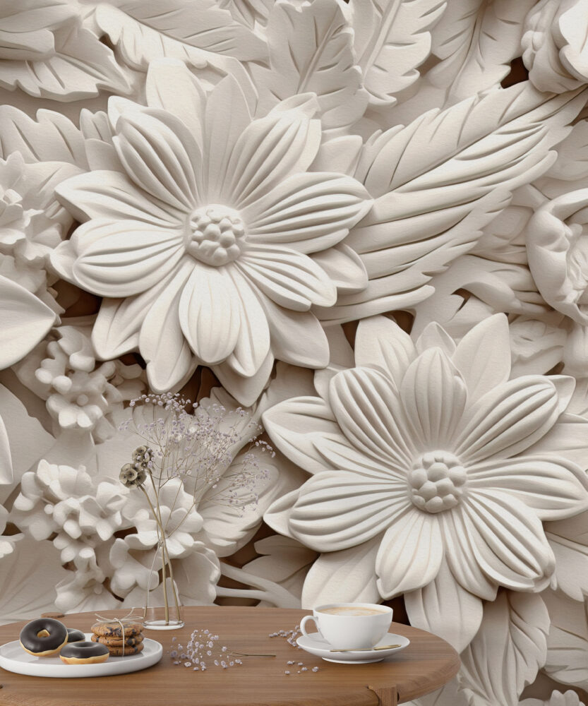 3D Floral Relief Wallpaper : White Carved Flowers Mural - View 4