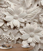 3D Floral Relief Wallpaper : White Carved Flowers Mural - View 4