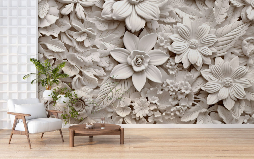 3D Floral Relief Wallpaper : White Carved Flowers Mural