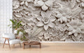 3D Floral Relief Wallpaper : White Carved Flowers Mural