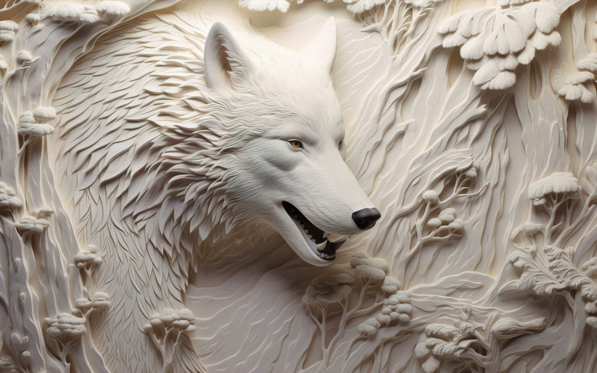 3D Wolf Relief Wallpaper : Carved White Wolf Mural - flat design