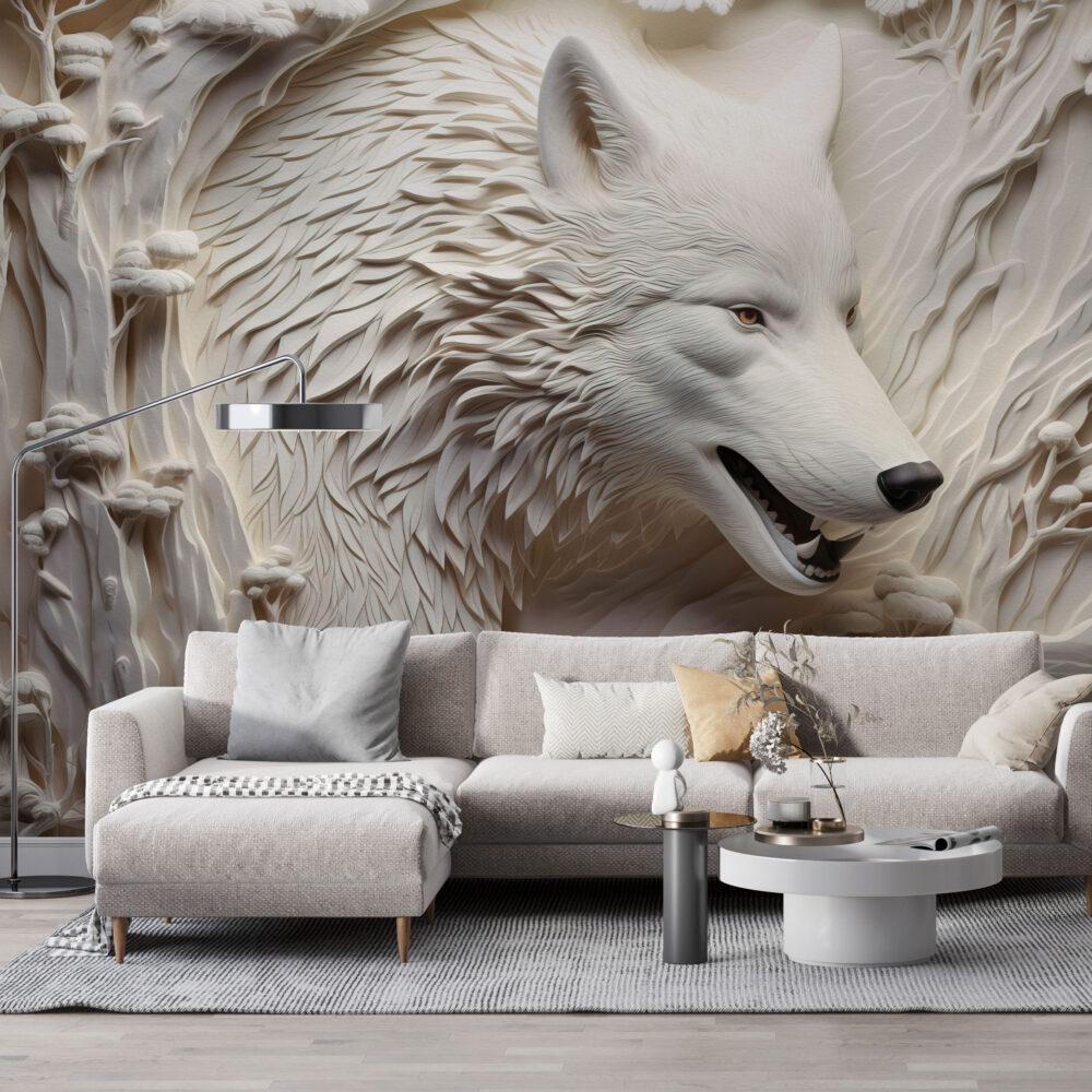 3D Wolf Relief Wallpaper : Carved White Wolf Mural - View 2