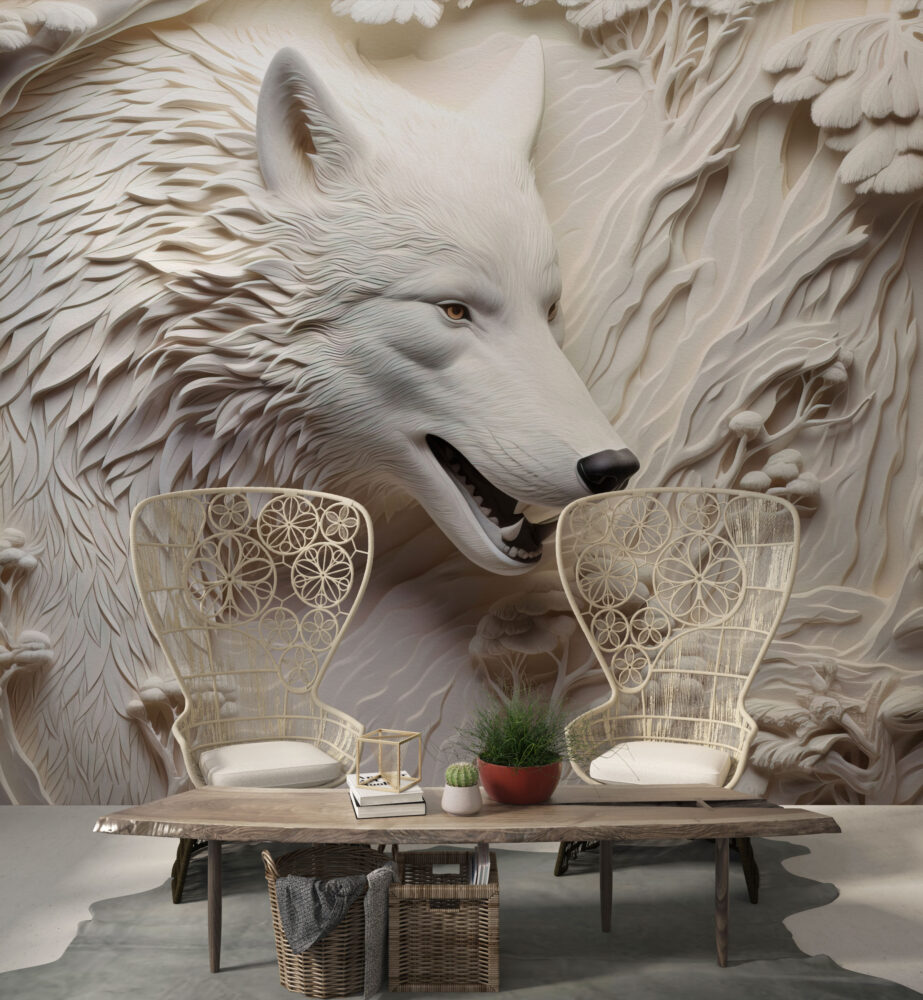 3D Wolf Relief Wallpaper : Carved White Wolf Mural - View 3