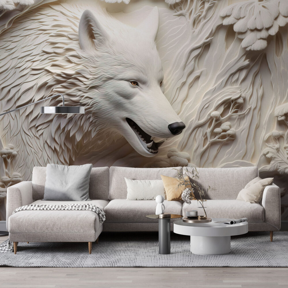 3D Wolf Relief Wallpaper : Carved White Wolf Mural
