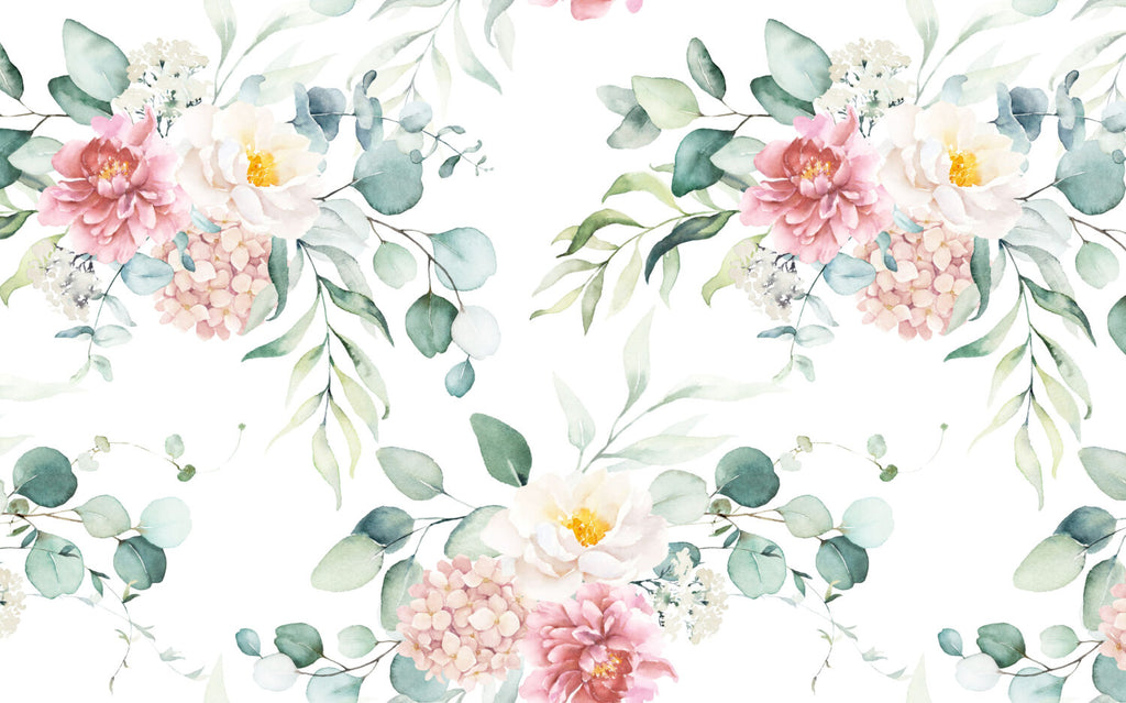 Watercolor Bouquet Wallpaper : Pink Peony and Eucalyptus Pattern Mural - flat design