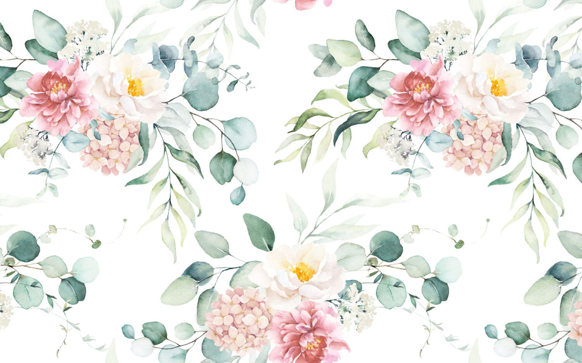 Watercolor Bouquet Wallpaper : Pink Peony and Eucalyptus Pattern Mural - flat design