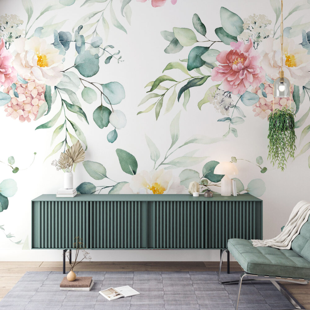 Watercolor Bouquet Wallpaper : Pink Peony and Eucalyptus Pattern Mural - View 2