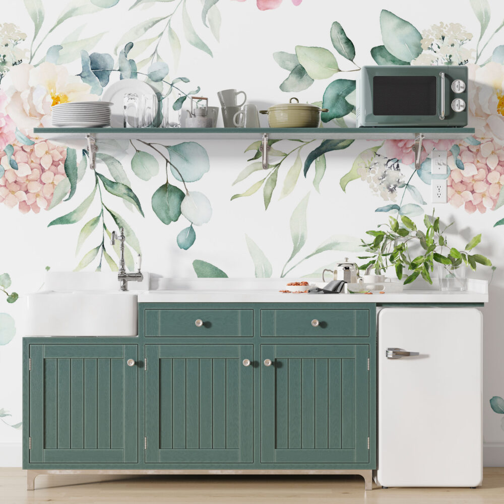 Watercolor Bouquet Wallpaper : Pink Peony and Eucalyptus Pattern Mural - View 3