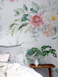 Watercolor Bouquet Wallpaper : Pink Peony and Eucalyptus Pattern Mural